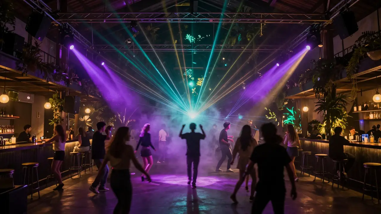 Interior dance floor with colorful lighting and energetic crowd