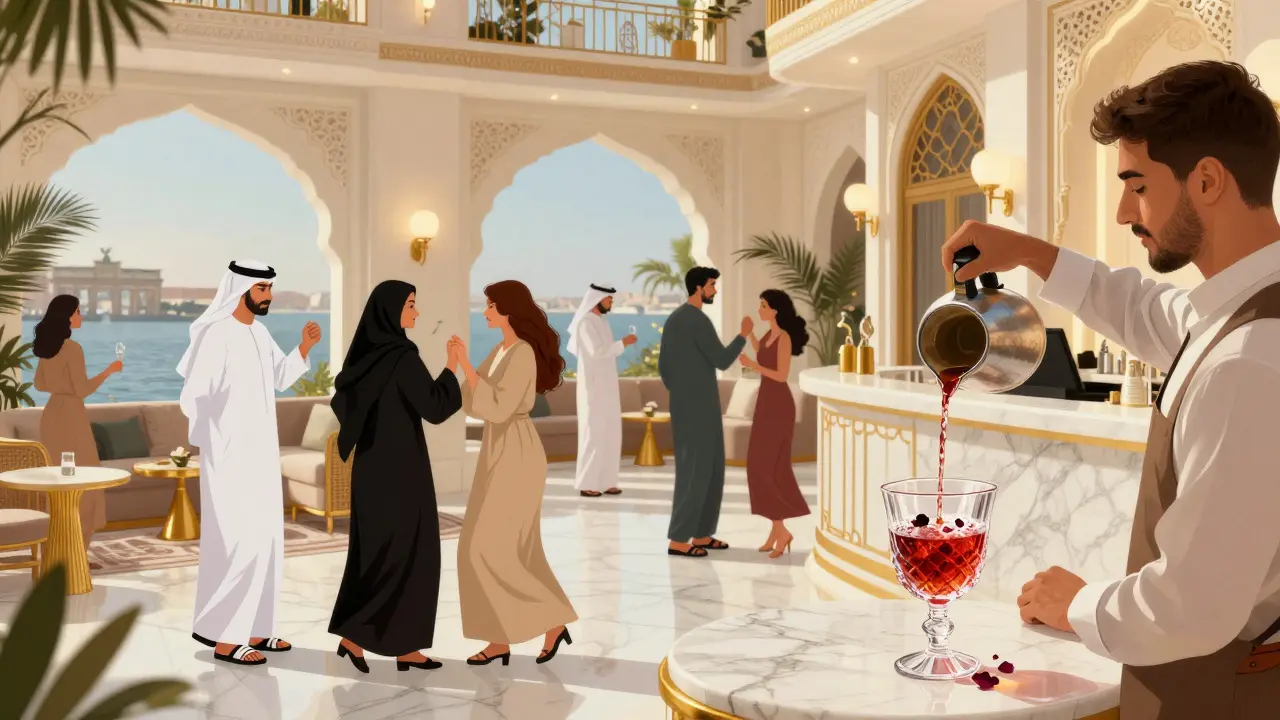 Interior of Soho Garden with white marble, gold accents, and diverse crowd dancing, mixologist pouring a regional cocktail under ambient lighting.