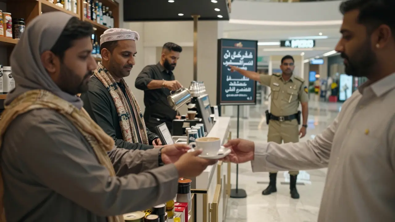 Multicultural interaction inside Dubai Mall with shopkeeper, barista, and security guard near bilingual signage.
