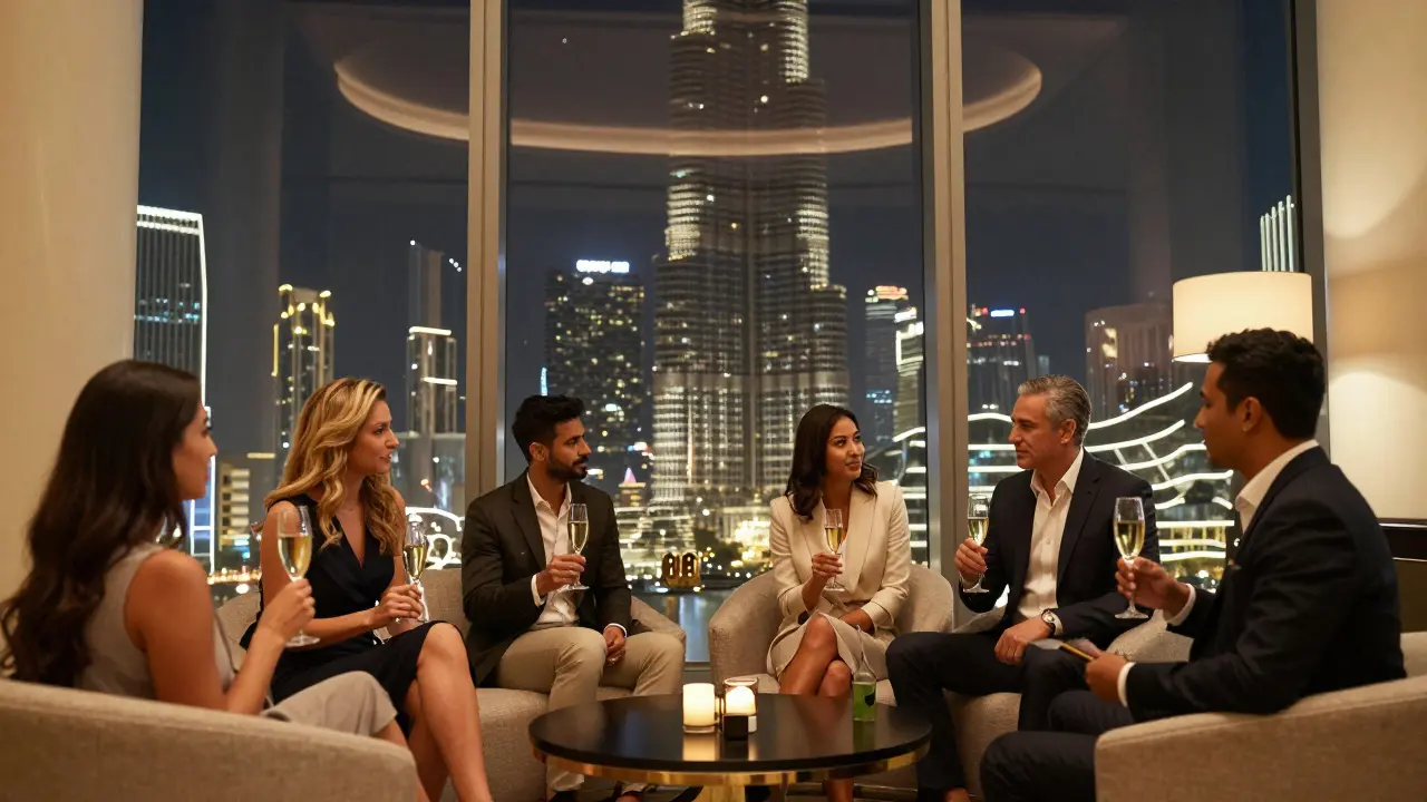 People socializing safely in luxury Dubai hotel lounge.