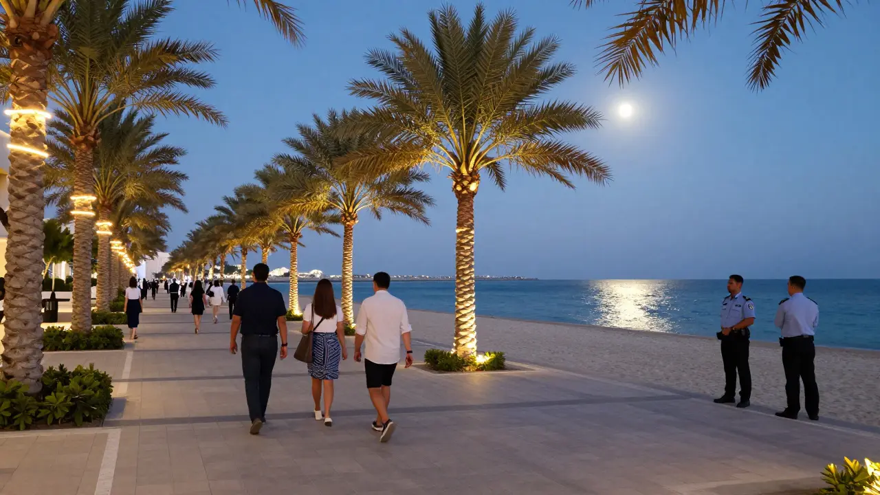 People walking safely on lit promenade near Dubai beach resort