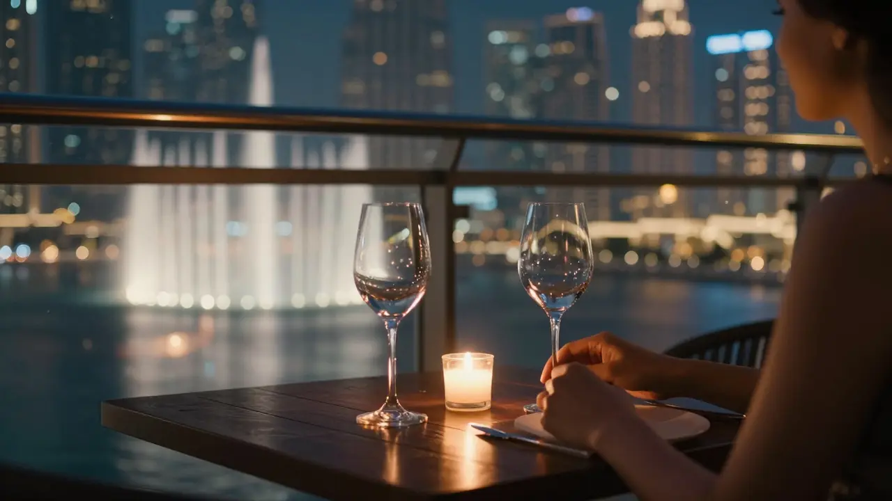 Romantic dinner table setting with city lights and fountain view in background.