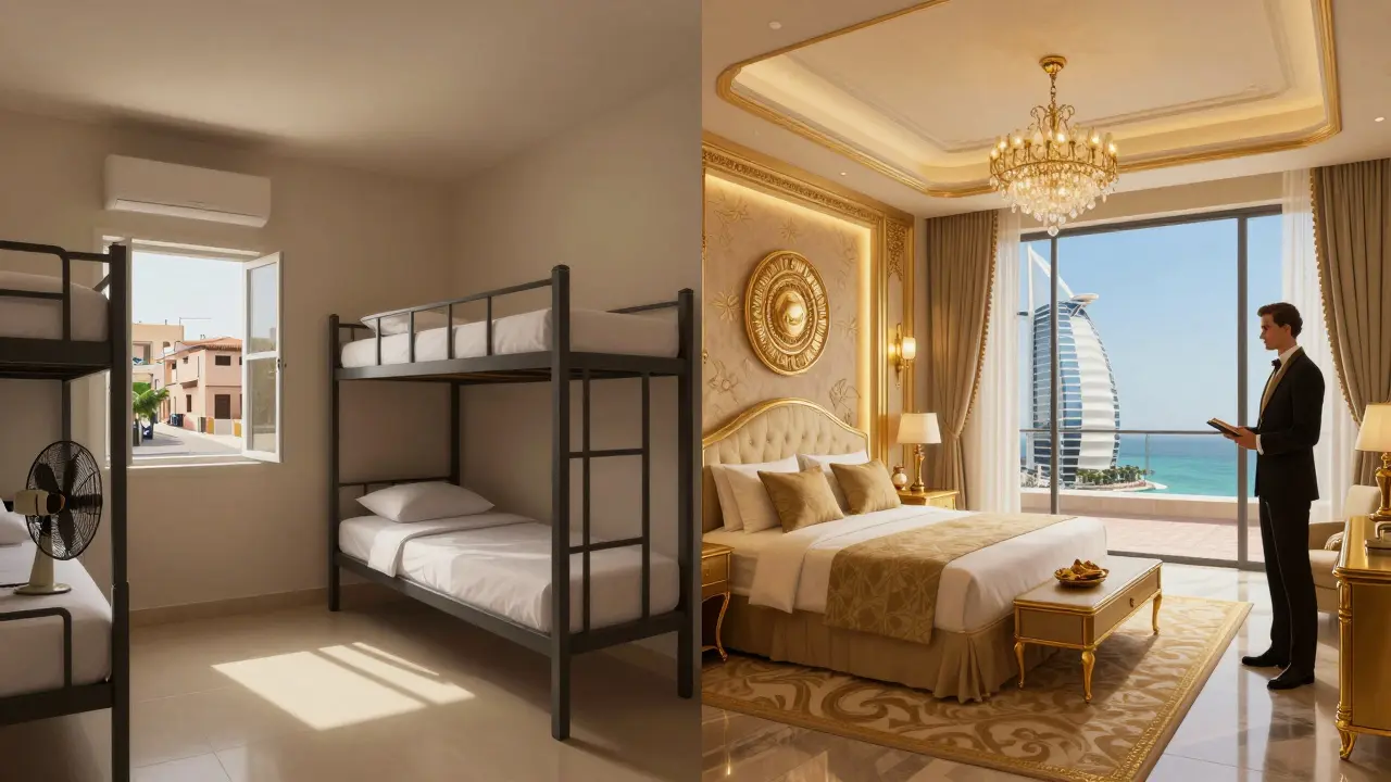 Side-by-side comparison of a modest Dubai hostel room and an opulent Burj Al Arab suite.