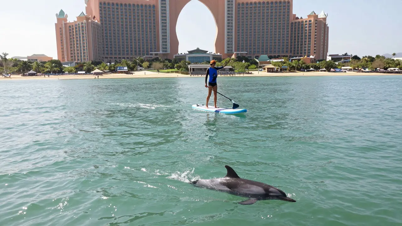 Someone paddleboarding at Al Siyahi Beach with Atlantis in the background and dolphins beneath the water.