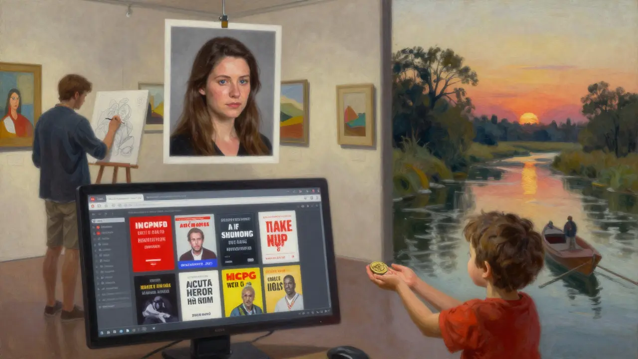 Stolen photo floating above scam ads, contrasted with real human moments of connection in Bur Dubai.