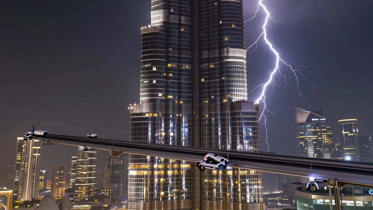 The Burj Khalifa spire struck by lightning at night, with robotic cleaners moving along the glass facade below.