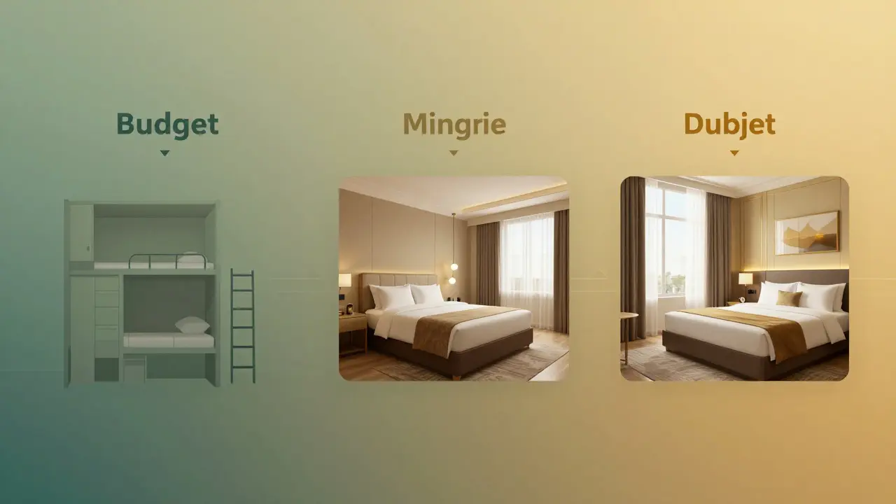 Three hotel room types showing budget options from left to right