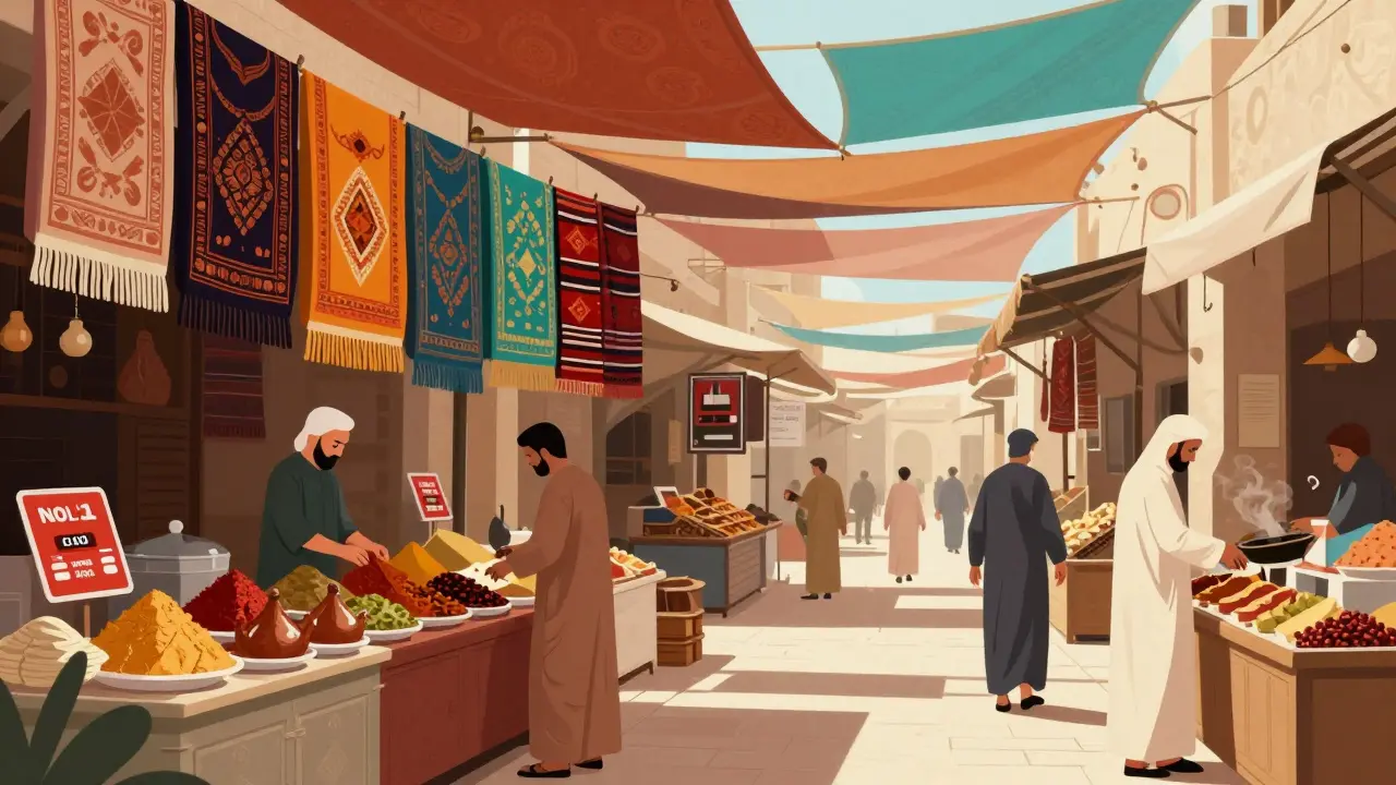 Traditional Dubai market with food stalls and colorful textiles overhead