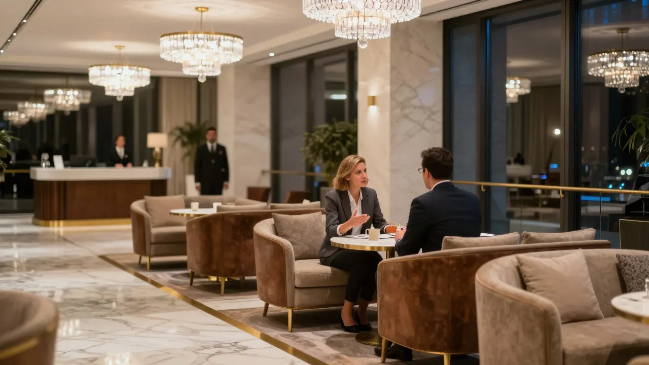 Two professionals having conversation in upscale Dubai hotel lobby evening setting