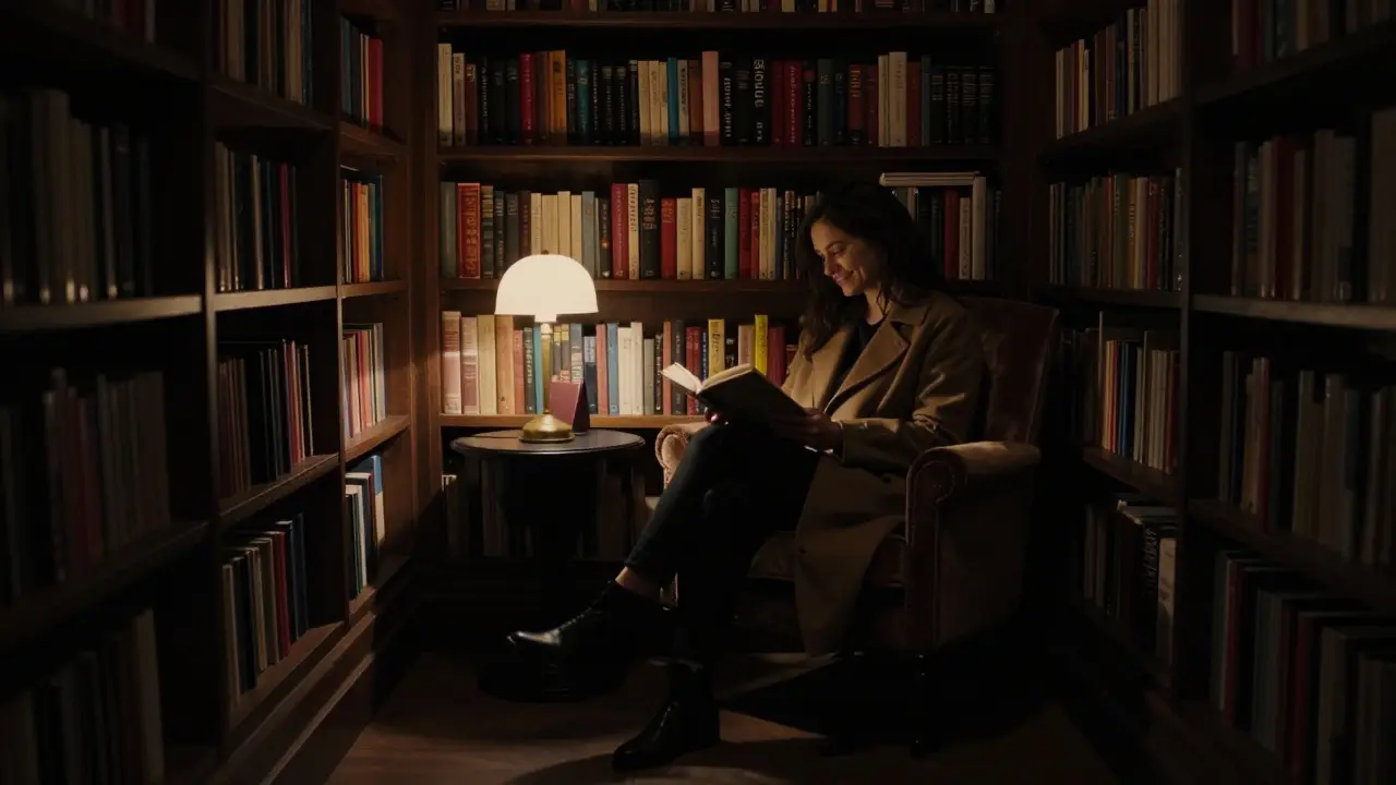 Two silhouettes in a hidden library at night, sharing a quiet, meaningful moment over a book.