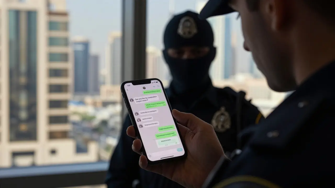Undercover police officer monitoring suggestive messages on a smartphone in a luxury hotel setting.