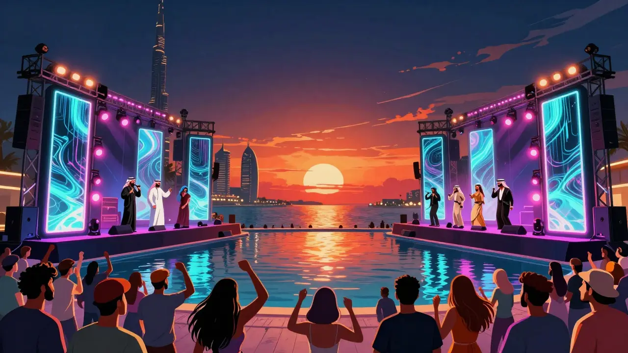 Vibrant waterfront concert at Dubai Beats with mirrored water stage reflecting sunset and dancers under neon lights.