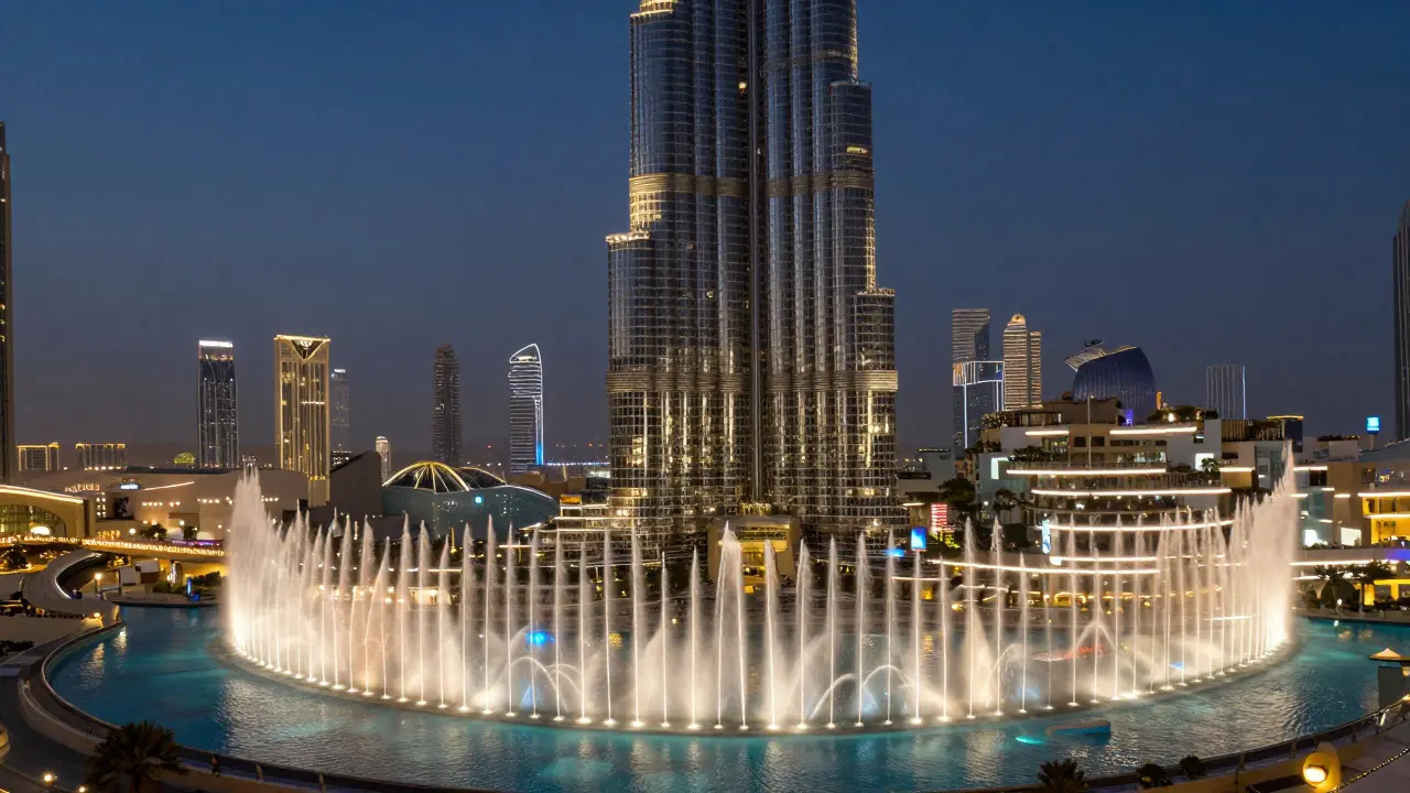 View from Burj Khalifa’s 124th floor showing the massive fountain below, water and lights dancing in rhythmic patterns.