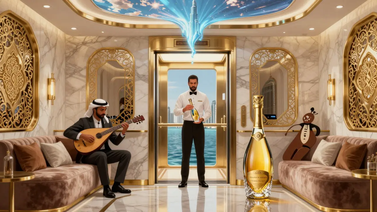 VIP butler presenting a luxury champagne bottle in an opulent, music-filled lounge with digital art projection.
