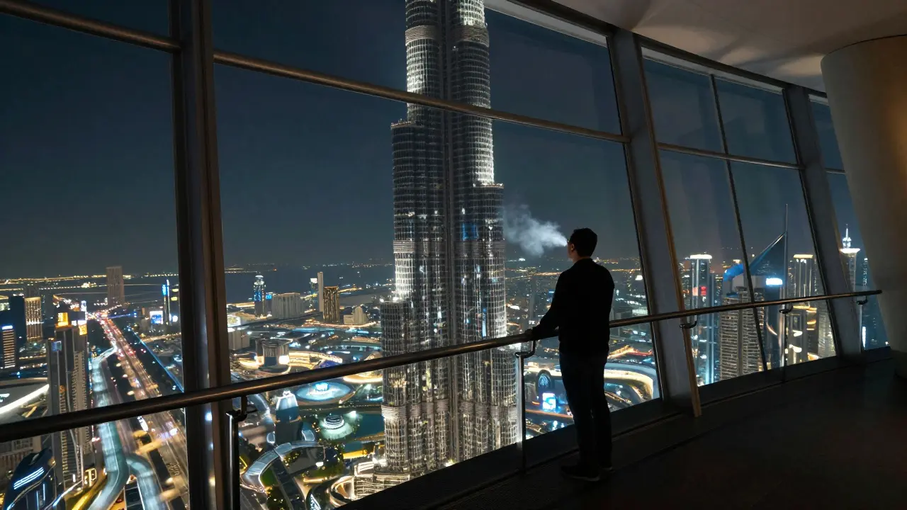 Visitor on Level 148 observation deck of Burj Khalifa gazing down at the lit-up city below.