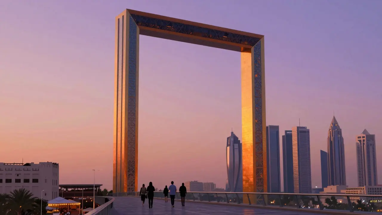 Visitors on the sky bridge of the Dubai Frame at sunset, framed by past and future cityscapes.