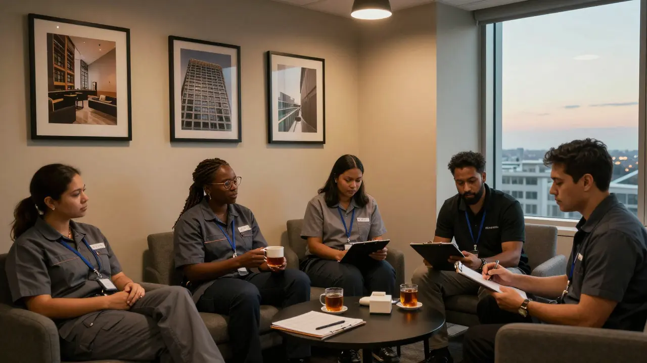 Workers resting in the Burj Khalifa staff lounge, with a view of the tower’s upper levels glowing in the distance.