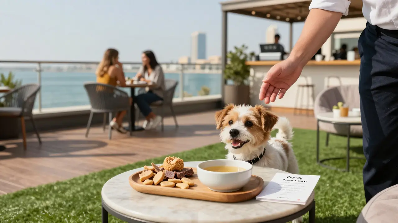 A dog-friendly treat platter on a rooftop bar terrace in Dubai Marina with artificial grass