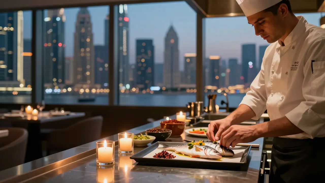 Chef plating fresh fish in modern restaurant with city view