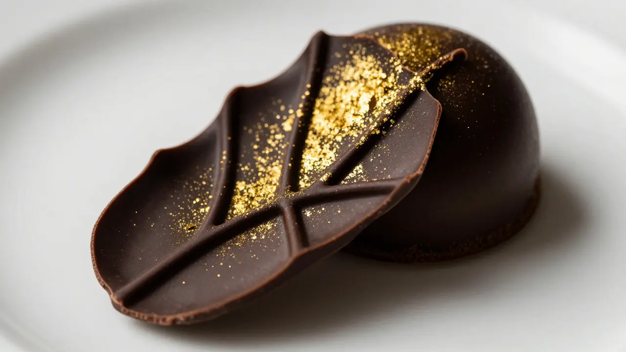 Exquisite dessert with edible gold flakes under dramatic lighting