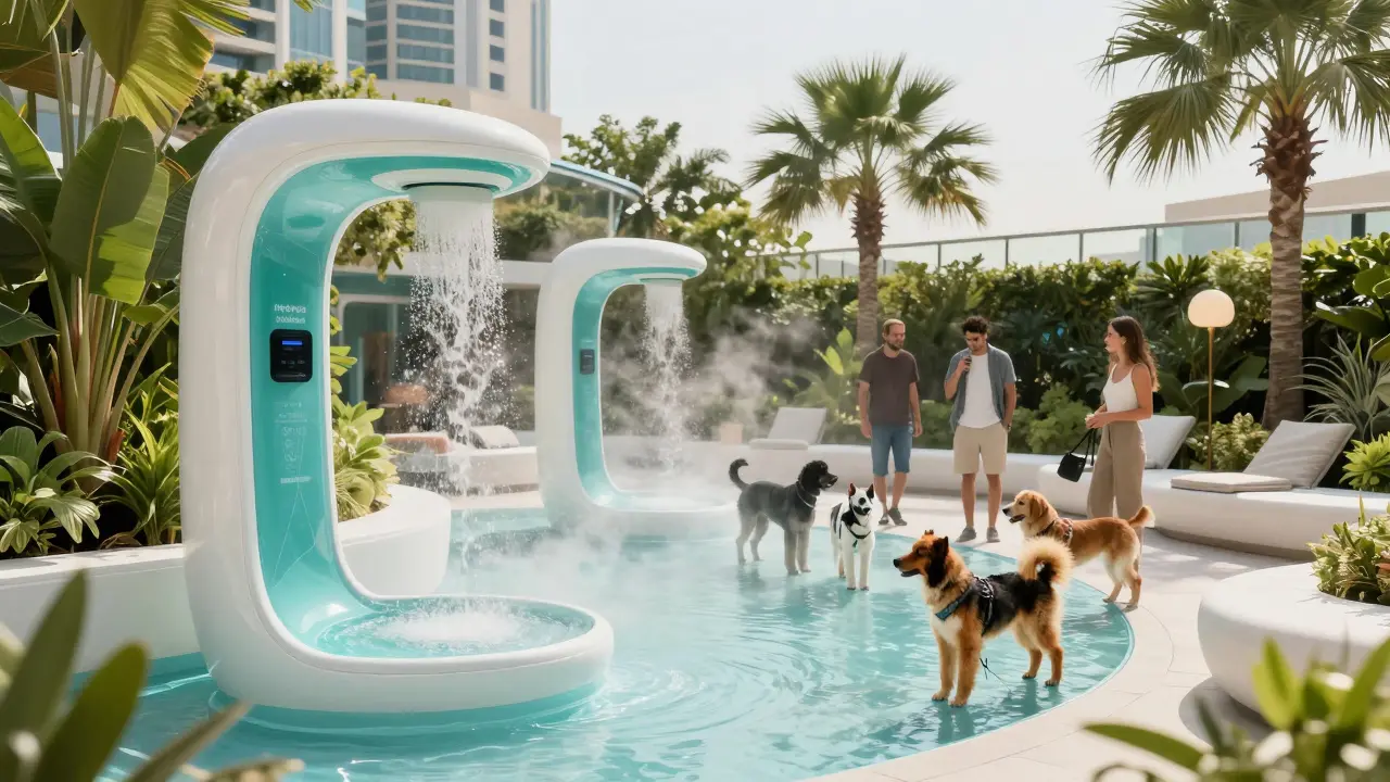 Futuristic pet-friendly rooftop in Dubai featuring a hydration station and mist cooling system