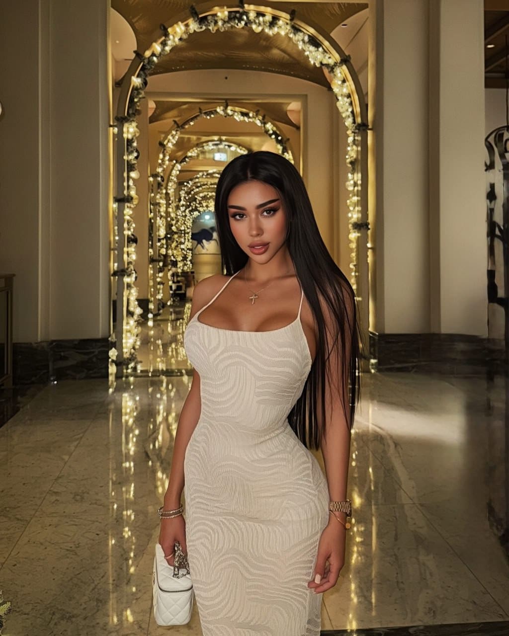 Penelope stands in a marble hallway with illuminated arches, wearing a white sleeveless dress and holding a small white handbag.